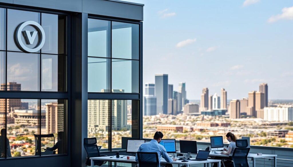 A sleek, modern office building with large windows and a stylish logo prominently displayed on the facade. The building is set against a backdrop of a vibrant, bustling city skyline, with the iconic Amarillo landmarks visible in the distance. In the foreground, a team of SEO experts are working at their desks, analyzing data and strategizing ways to boost the online visibility of their clients. The lighting is bright and natural, creating a sense of productivity and professionalism. The overall tone is one of authority, expertise, and a commitment to driving results for the "Best SEO Firm in Amarillo".