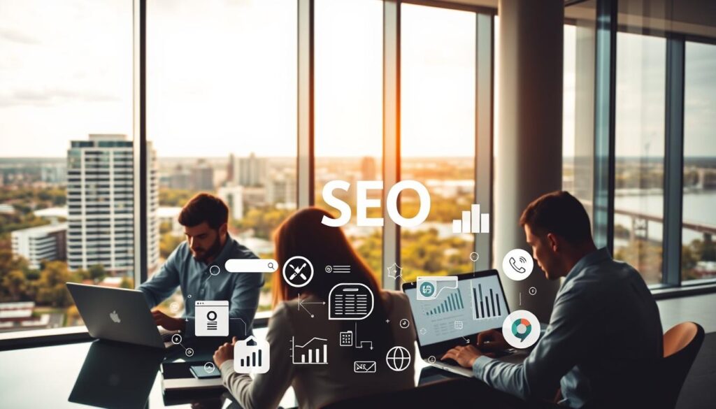A sleek, modern office building with large windows overlooking the vibrant cityscape of Augusta, Georgia. In the foreground, a team of SEO experts intently analyzing website analytics on their laptop screens, their expressions focused and determined. The middle ground features various SEO-related icons and graphics, such as search engine logos, data visualizations, and digital marketing symbols, all arranged in a visually striking layout. The background showcases the iconic landmarks of Augusta, including the Augusta National Golf Club and the Savannah River, bathed in warm, golden lighting that creates a sense of productivity and success. The overall scene conveys the idea of on-page SEO techniques being expertly implemented to elevate the online presence of businesses in the Augusta area.