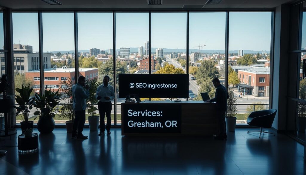A sleek, modern office building with large windows overlooking the vibrant streets of Gresham, Oregon. In the foreground, a group of professionals collaborating on a laptop, surrounded by tasteful decor and plants. The middle ground features a minimalist reception area with a wooden desk and digital signage showcasing "SEO Services Gresham OR". In the background, the cityscape of Gresham is visible, with lush greenery and a clear, blue sky. The lighting is soft and natural, creating a professional yet welcoming atmosphere. The overall scene conveys a sense of expertise, efficiency, and dedication to comprehensive SEO services.