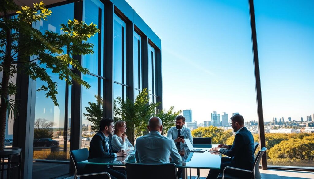 A sleek, modern office building with large windows, surrounded by lush greenery and a clear blue sky. In the foreground, a group of professionals in business attire collaborating at a glass conference table, their expressions focused and determined. Rays of warm, natural light filter through the windows, creating a sense of productivity and innovation. In the background, the Providence skyline is visible, conveying the thriving, urban setting of the SEO agency. The overall scene radiates a professional, results-driven atmosphere, perfectly capturing the essence of "SEO Services Providence" and the agency's expertise.