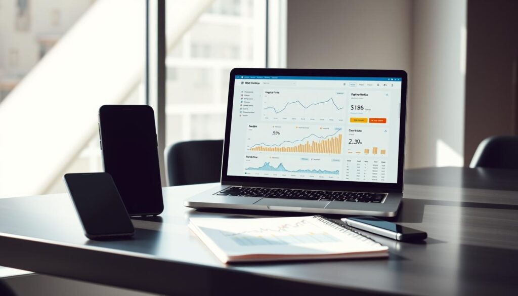 A sleek, modern office desk with a laptop, smartphone, and notepad. Crisp lighting from a large window illuminates the scene, casting subtle shadows. On the laptop screen, a data visualization dashboard tracks SEO metrics like organic traffic, keyword rankings, and conversion rates. A hand-drawn graph on the notepad analyzes the trends. The overall atmosphere conveys a sense of focus, progress, and analytical insight into the SEO performance.