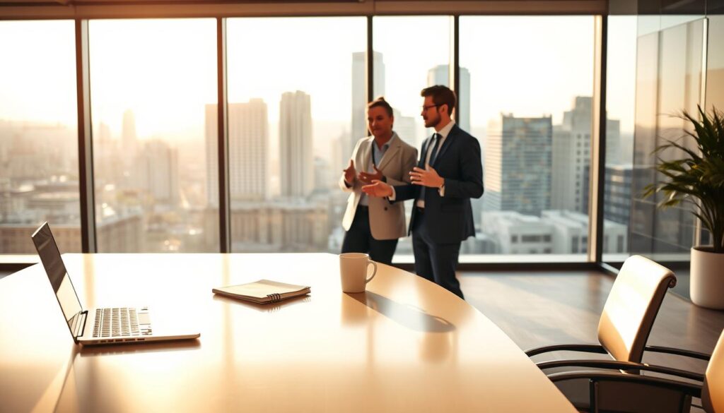 A sleek, modern office interior with a large desk in the foreground. On the desk, a laptop, a notebook, and a cup of coffee. In the middle ground, two people - a consultant and a client - engaged in a discussion, gesturing animatedly. The background features floor-to-ceiling windows overlooking a cityscape, bathed in warm, natural lighting. The scene conveys a sense of professionalism, collaboration, and productivity, reflecting the process of an SEO consultation.