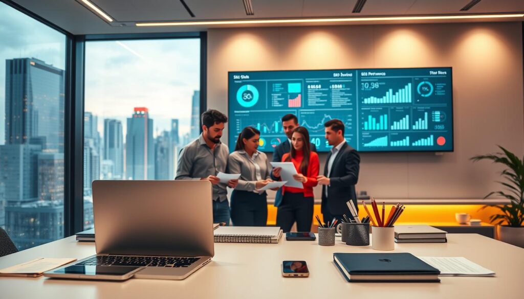 A sleek, modern office interior with a large window overlooking a bustling city skyline. In the foreground, a desk with a laptop, smartphone, and neatly organized office supplies, representing the core of SEO services. The middle ground features a team of professionals collaborating on digital marketing strategies, their expressions focused and determined. In the background, a wall-mounted display showcases data visualizations and SEO performance metrics, illuminated by warm, indirect lighting. The overall atmosphere conveys a sense of expertise, efficiency, and a commitment to delivering comprehensive SEO solutions.