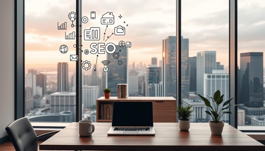 A sleek, modern office interior with a large window overlooking a bustling city skyline. In the foreground, a stylish desk with a laptop, coffee mug, and a small potted plant. On the desk, various SEO-related icons and graphics hover above, conveying the digital nature of local SEO services. The middle ground features a minimalist bookshelf with relevant SEO books and resources. The background is filled with a warm, diffused lighting that creates a professional, productive atmosphere. The overall scene exudes a sense of expertise, efficiency, and the importance of digital marketing in today's competitive business landscape.
