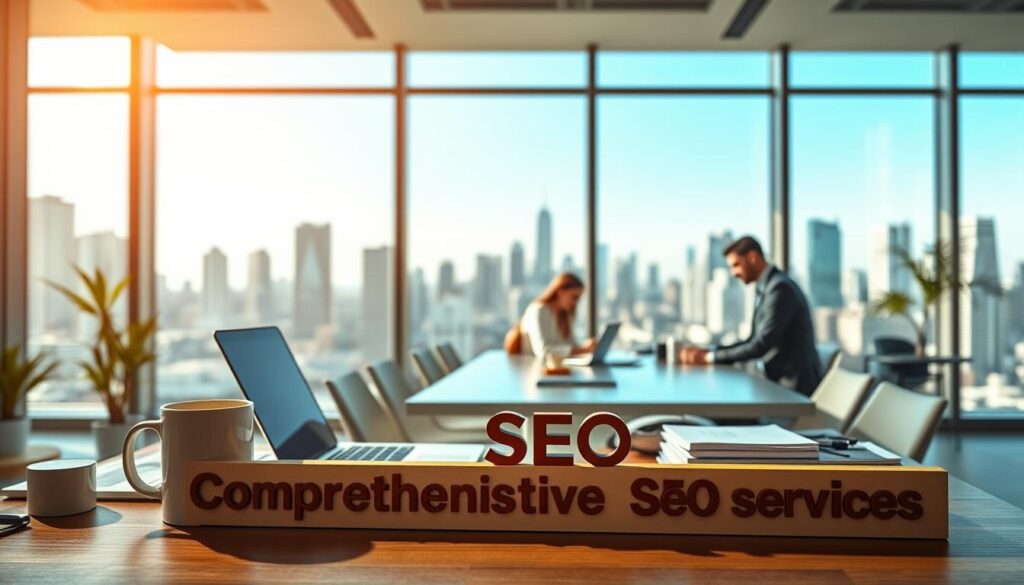 A sleek, modern office interior with a large window overlooking a bustling city skyline. In the foreground, a desk with a laptop, coffee mug, and neatly organized office supplies. On the desk, a tactile, minimalist sign reads "Comprehensive SEO Services". The middle ground features a team of professionals collaborating at a conference table, their faces focused on their work. Soft, directional lighting casts a warm glow across the scene, creating a productive and professional atmosphere. The background showcases the vibrant city outside, with skyscrapers and a clear blue sky visible through the window. The overall composition conveys a sense of expertise, efficiency, and a commitment to delivering high-quality SEO services.