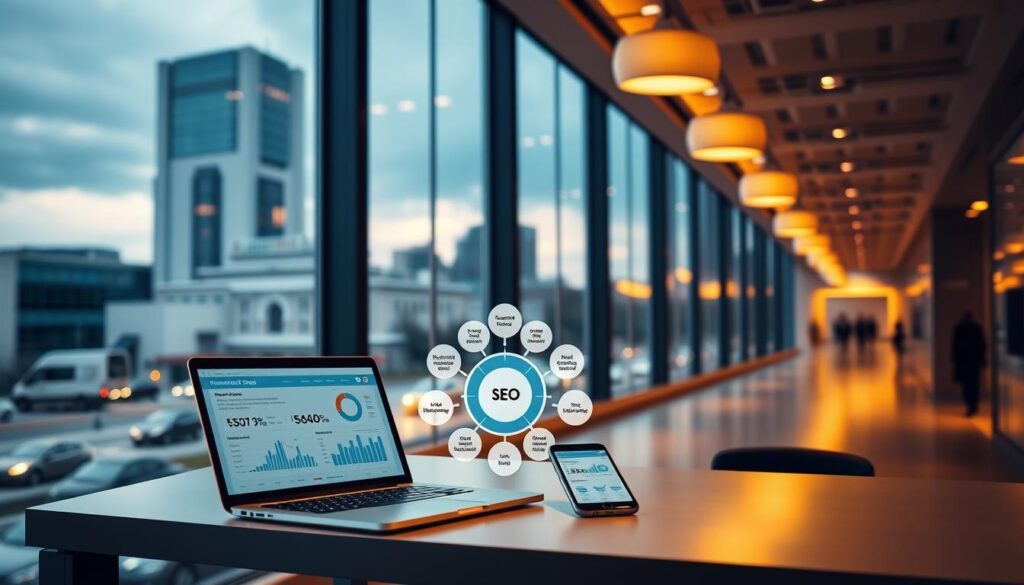 A sleek, modern office interior with a large window overlooking the Richardson skyline. In the foreground, a laptop and smartphone are displayed on a minimalist desk, showcasing SEO analytics and website performance data. The middle ground features a stylized infographic illustrating key SEO strategies, including keyword research, on-page optimization, and link building. The background depicts the bustling streets of Richardson, TX, with cars and pedestrians going about their day. The lighting is warm and inviting, creating a professional yet approachable atmosphere. The overall scene conveys a sense of productivity, innovation, and the potential for local businesses to thrive through an effective SEO strategy.