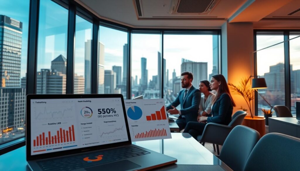 A sleek, modern office interior with a large window overlooking the bustling streets of Yonkers, NY. In the foreground, a laptop displays analytics and SEO metrics, surrounded by stylized icons and infographics. The middle ground features a team of professionals collaborating on digital marketing strategies, their expressions focused and determined. In the background, the cityscape of Yonkers is visible, with towering skyscrapers and a vibrant, energetic atmosphere. The lighting is a mix of natural daylight and warm, directional lighting, creating depth and highlighting the key elements. The overall mood is one of professionalism, innovation, and a commitment to driving online visibility for local businesses.