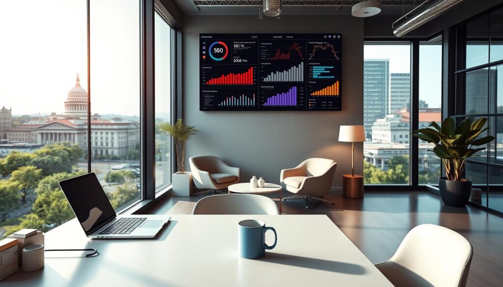 A sleek, modern office interior with a large window overlooking the cityscape of Athens, GA. In the foreground, a stylish, minimalist desk with a laptop, coffee mug, and a few neatly organized office supplies. Behind the desk, a wall-mounted display showcases various SEO analytics and performance metrics. The middle ground features a comfortable seating area with plush chairs and a low table, creating a collaborative work environment. The background depicts the bustling streets of downtown Athens, with lush greenery and iconic landmarks visible through the window. Warm, natural lighting filters through the space, conveying a sense of productivity and professionalism. The overall mood is one of efficiency, innovation, and attention to detail - reflecting the comprehensive nature of the SEO services offered.