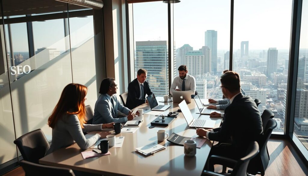 A sleek, modern office interior with a large window overlooking the skyline of Beaumont, TX. In the foreground, a team of SEO experts gathered around a conference table, engaged in a lively discussion. On the table, various reports, laptops, and coffee mugs create a sense of productivity. The lighting is warm and natural, filtering in through the window. In the background, the cityscape of Beaumont is visible, hinting at the thriving business environment. The overall atmosphere conveys professionalism, expertise, and a dedication to delivering top-tier SEO services.