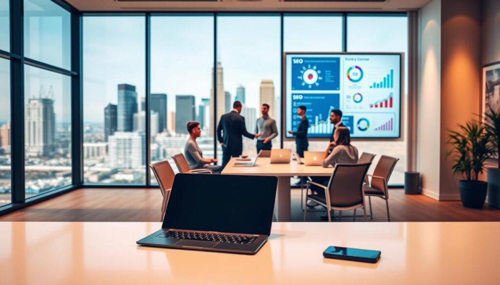 A sleek, modern office interior with a large window overlooking the skyline of Dearborn, MI. In the foreground, a laptop and smartphone are placed on a clean, minimalist desk, symbolizing the digital nature of SEO services. In the middle ground, a team of professionals collaborate around a conference table, discussing strategies and analyzing data. The background features wall displays showcasing SEO performance metrics and infographics. Warm, diffused lighting creates a professional and productive atmosphere. The scene conveys the comprehensive, data-driven approach to SEO services in Dearborn, MI.