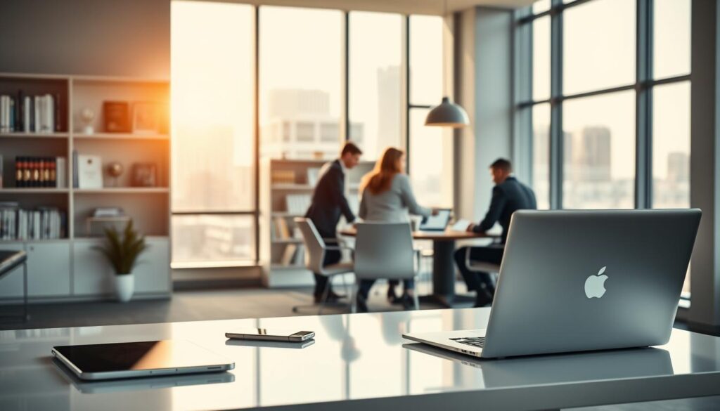 A sleek, modern office interior with a large window overlooking the skyline of Sterling Heights, MI. In the foreground, a laptop and smartphone are placed on a clean, minimalist desk, symbolizing the digital nature of SEO services. In the middle ground, a team of professionals collaborate around a conference table, discussing strategies and analyzing data. The lighting is bright and natural, casting a warm glow throughout the space. The background features shelves filled with reference books and awards, conveying expertise and authority in the field of SEO. The overall atmosphere is one of professionalism, efficiency, and a commitment to delivering high-quality SEO services to local businesses.
