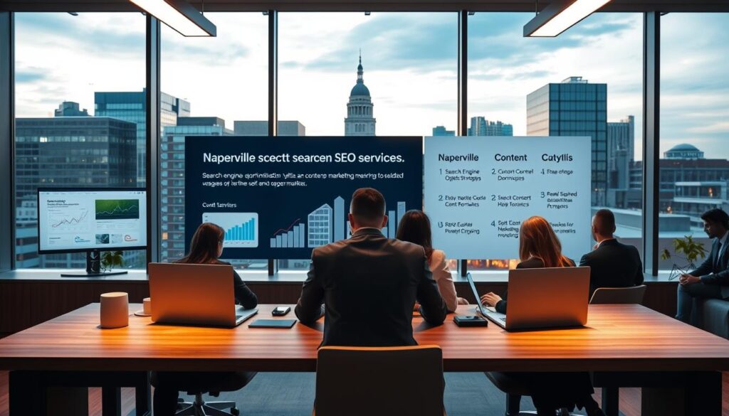 A sleek, modern office interior with a large window overlooking the vibrant cityscape of Naperville. In the foreground, a team of SEO experts collaborates at a minimalist wooden desk, laptop screens displaying analytics data and digital marketing strategies. Warm, focused lighting illuminates the scene, casting a professional atmosphere. In the middle ground, a large wall display showcases search engine optimization tactics and content marketing techniques tailored for the Naperville market. The background features the iconic architecture of downtown Naperville, hinting at the local focus of the services. The overall impression is one of a dynamic, results-driven SEO agency serving the Naperville community.