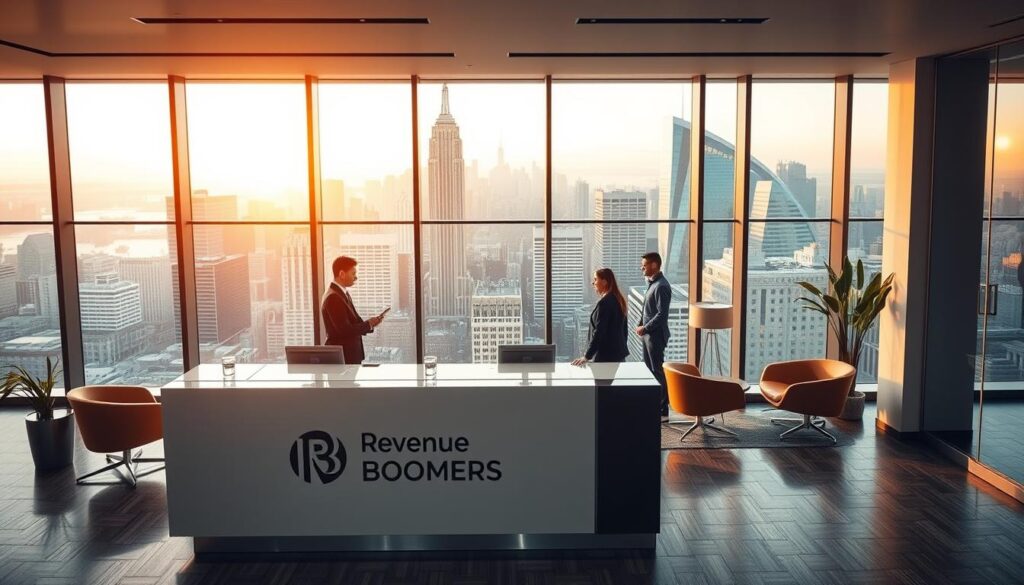 A sleek, modern office interior with large windows overlooking a bustling city skyline. In the foreground, a stylish reception desk with the "Revenue Boomers" logo prominently displayed. Behind the desk, a team of professionals in business attire assisting clients. The middle ground features a stylish waiting area with comfortable chairs and tasteful decor. The background showcases the city's iconic landmarks, bathed in warm, golden afternoon light. The overall atmosphere exudes professionalism, success, and a commitment to delivering top-notch SEO services.