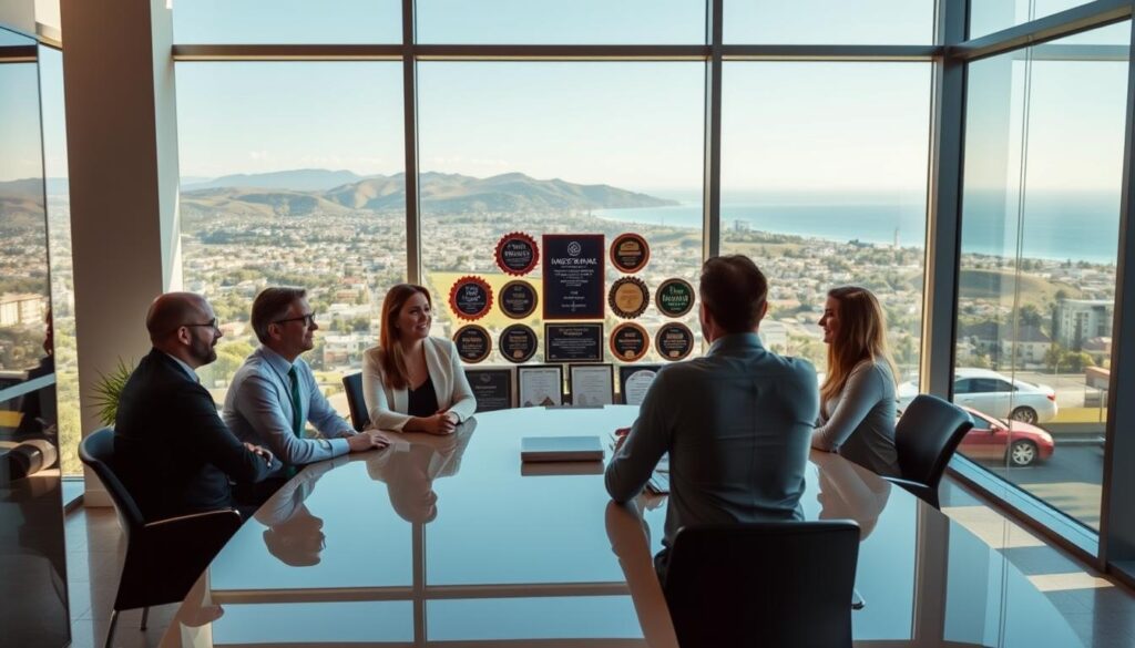 A sleek, modern office interior with large windows overlooking a picturesque coastal town. In the foreground, a group of professionals seated around a stylish conference table, engaged in a collaborative discussion. The middle ground features an array of award plaques and certifications, highlighting the agency's expertise in SEO and digital marketing. The background showcases a view of the iconic Santa Maria landscape, with its rolling hills and the distant ocean. The lighting is warm and inviting, creating a sense of professionalism and success. The overall atmosphere conveys the agency's commitment to delivering exceptional SEO services to its clients in Santa Maria, CA.