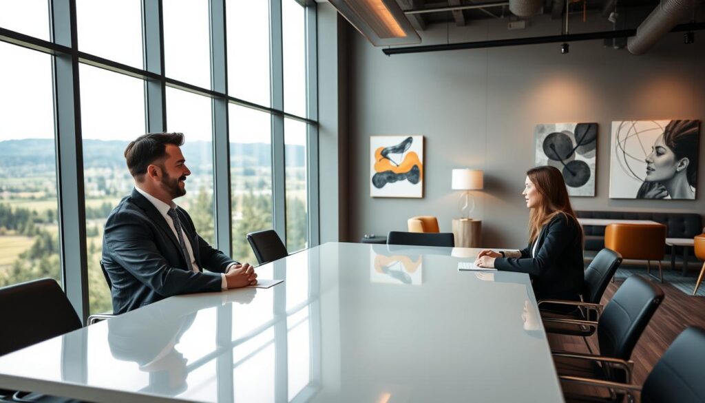 A sleek, modern office interior with large windows overlooking a scenic view of the Tualatin Valley. In the foreground, two business professionals, a man and a woman, are seated at a polished conference table, engaged in a collaborative discussion. They are dressed in formal attire, expressions focused and attentive. The lighting is warm and diffused, creating a professional yet welcoming atmosphere. In the background, abstract art pieces and stylish furniture complement the space, hinting at the company's commitment to design and innovation. The overall scene conveys a sense of strategic partnership, thoughtful decision-making, and the pursuit of digital marketing excellence.