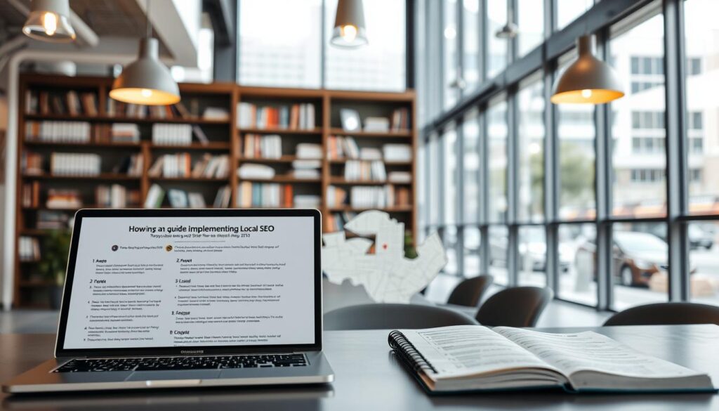 A sleek, modern office interior with large windows overlooking the bustling streets of Conroe, TX. In the foreground, a laptop and notebook display a step-by-step guide to implementing local SEO, with neatly organized bullet points and icons. The middle ground features a stylized map of the Conroe area, highlighting key local landmarks and businesses. In the background, a bookshelf filled with marketing and SEO reference materials creates a professional, authoritative atmosphere. Warm, diffused lighting from overhead fixtures casts a subtle glow, while a minimalist color palette of grays, whites, and blues evokes a sense of efficiency and attention to detail.