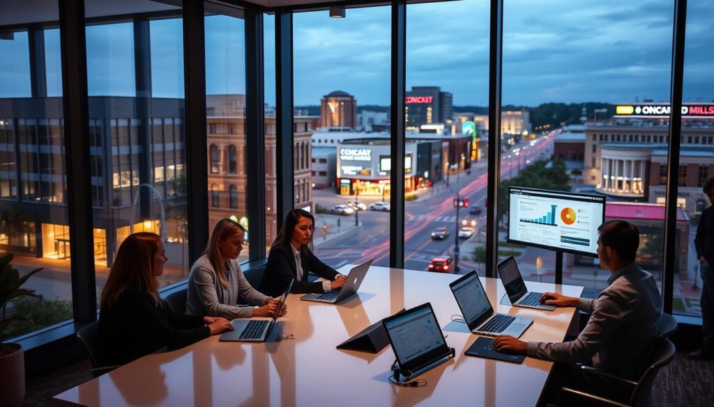 A sleek, modern office interior with large windows overlooking the bustling streets of downtown Concord, North Carolina. In the foreground, a team of SEO experts seated around a stylish conference table, laptops open and screens displaying analytics dashboards. Subtle mood lighting casts a warm glow, creating a professional yet collaborative atmosphere. In the background, the cityscape of Concord is visible, with the iconic Concord Mills shopping mall in the distance. The overall impression is one of a thriving, tech-savvy SEO agency dedicated to driving results for local businesses.