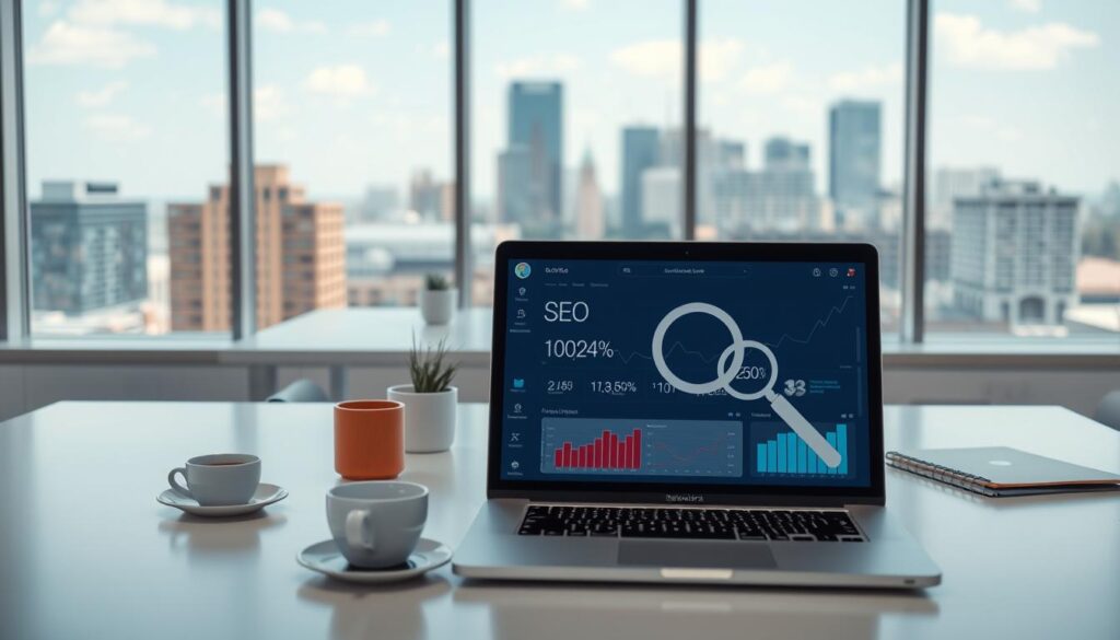 A sleek, modern office interior with large windows overlooking the cityscape of Alexandria, VA. In the foreground, a laptop displays various SEO metrics and analytics, surrounded by a clean workspace with a stylized magnifying glass icon, representing technical SEO improvements. The middle ground features a minimalist desk with a potted plant, a cup of coffee, and neatly organized office supplies. The background showcases the vibrant city skyline, hinting at the growth potential for local businesses. The lighting is soft and natural, creating a professional and productive atmosphere. The camera angle is slightly elevated, conveying a sense of progress and optimization.
