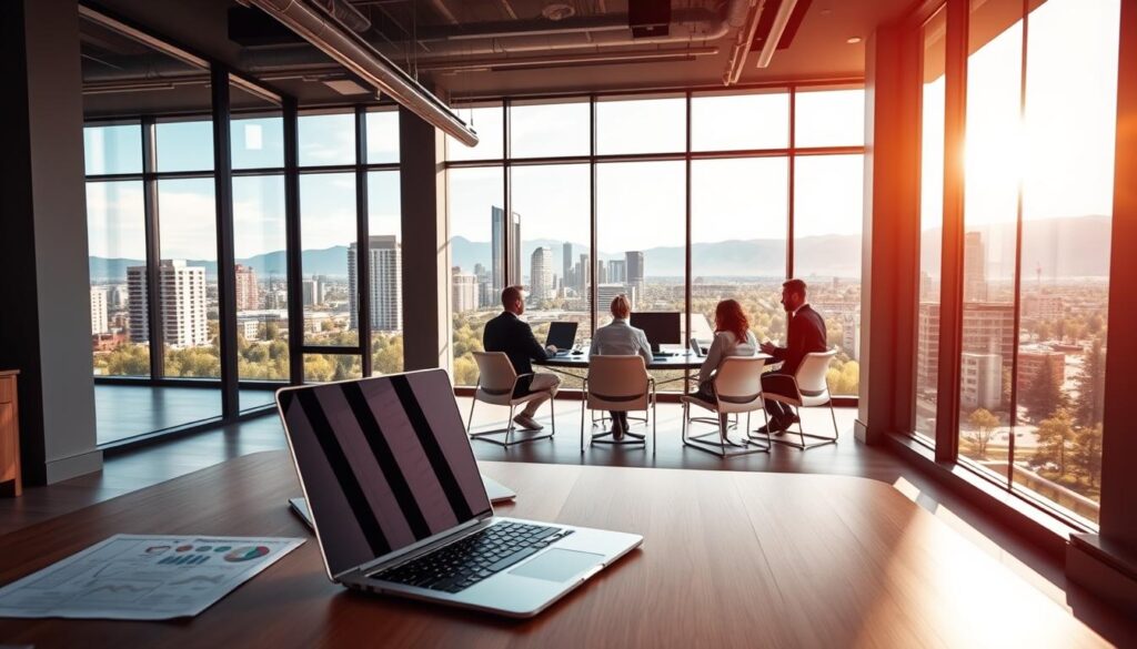 A sleek, modern office interior with large windows overlooking the cityscape of West Valley City, Utah. In the foreground, a laptop and digital marketing materials are neatly arranged on a minimalist wooden desk. The middle ground features a team of SEO experts collaborating around a conference table, discussing strategies and analyzing data on their screens. The background showcases the vibrant downtown area, with its mix of high-rise buildings and lush greenery. Warm, natural lighting filters through the windows, creating a productive and welcoming atmosphere. The overall scene conveys the professionalism and expertise of an SEO services provider serving the West Valley City community.