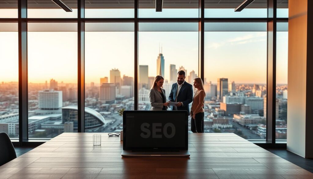 A sleek, modern office interior with large windows overlooking the vibrant cityscape of Elgin, Illinois. In the foreground, a laptop and tablet are arranged on a minimalist wooden desk, surrounded by stylized icons and infographics related to search engine optimization. The middle ground features a team of professionals collaborating on a digital marketing strategy, their expressions focused and determined. In the background, the iconic Elgin skyline is visible, bathed in warm, golden-hour lighting that casts a sense of productivity and growth. The scene conveys the synergy between effective SEO services and thriving local businesses in Elgin.