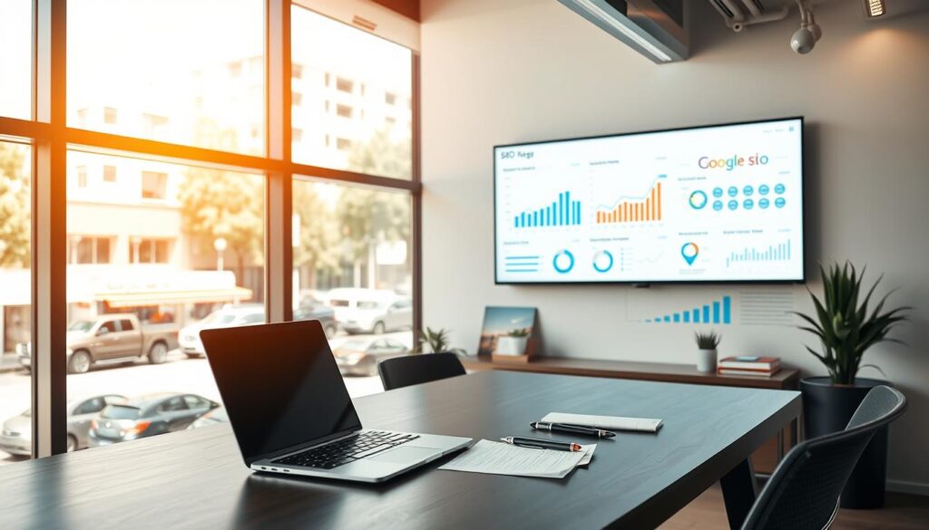 A sleek, modern office setting with a focus on local SEO strategy. The foreground features a stylish desk with a laptop, pen, and notepad, conveying a sense of productivity and strategic planning. The middle ground showcases a wall-mounted display showcasing metrics, charts, and insights related to local search engine optimization. In the background, a large window overlooking the bustling streets of Lancaster, CA, creating a sense of connection to the local community. The lighting is warm and inviting, with a mix of natural and artificial sources, accentuating the professional yet welcoming atmosphere. The overall mood is one of focused determination and a commitment to elevating the visibility and success of local businesses through effective SEO strategies.