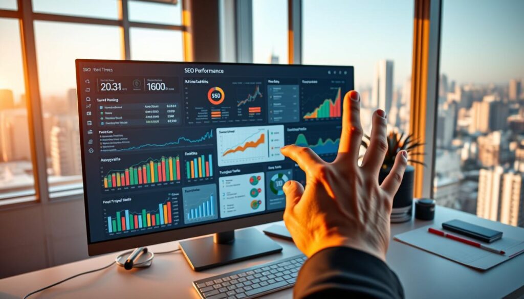 A sleek, modern office setting with a large computer monitor displaying various SEO performance analytics dashboards. The screen shows real-time data, charts, and graphs tracking keyword rankings, website traffic, backlinks, and other key SEO metrics. In the foreground, a hand is interacting with the touchscreen, navigating through the different analytics tools. The middle ground features a tidy desk with a keyboard, mouse, and other office supplies. The background has floor-to-ceiling windows overlooking a cityscape, bathing the scene in warm, natural lighting. The overall mood is one of productive efficiency, with a focus on data-driven decision making for effective SEO strategies.