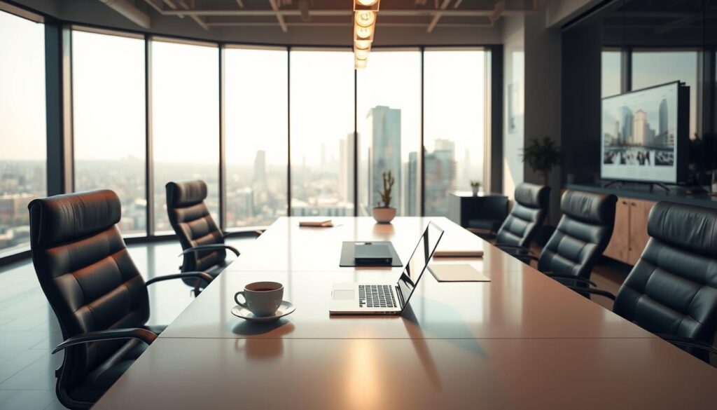 A sleek, modern office setting with a large desk and comfortable chairs. On the desk, a laptop, a cup of coffee, and some office supplies, conveying a professional, productive atmosphere. In the background, a large window overlooking a cityscape, with natural light streaming in and creating a warm, inviting ambiance. The overall scene suggests a welcoming environment for a free SEO consultation, where a client and a consultant can collaborate and discuss strategies for maximizing online visibility and growth.