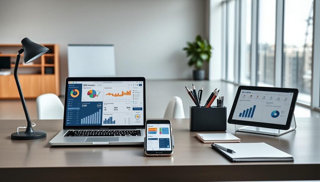 A sleek, modern office setting with a large desk showcasing various SEO analytics tools and dashboards. The foreground features an open laptop displaying insightful metrics and data visualizations, complemented by a smartphone and a tablet displaying additional analytics. In the middle ground, a stylish desk organizer holds pens, a notebook, and other task-related items. The background depicts a minimalist, well-lit workspace with floor-to-ceiling windows, allowing natural light to flood the scene. The overall mood conveys a sense of productivity, efficiency, and a data-driven approach to SEO optimization.