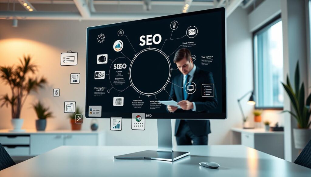 A sleek, modern office setting with a large desktop computer screen displaying a detailed SEO optimization process diagram. In the foreground, various SEO-related icons and infographic elements float around the screen, including keyword research tools, analytics dashboards, and website optimization checklist items. The middle ground features a professional-looking person, dressed in business attire, intently studying the screen and taking notes. The background showcases a minimalist, well-lit workspace with clean lines, potted plants, and subtle industrial-chic decor, conveying a productive, tech-savvy atmosphere. Warm, directional lighting illuminates the scene, creating depth and a sense of focus on the central SEO optimization process.