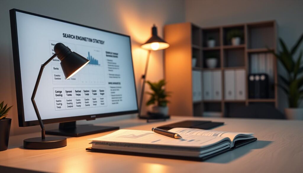 A sleek, modern office setting with a large monitor displaying a search engine optimization strategy diagram. In the foreground, a laptop and notebook with analytics charts and graphs. Soft, warm lighting from a desk lamp illuminates the scene, creating a focused, productive atmosphere. In the background, a minimalist bookshelf and potted plants suggest a professional, yet inviting workspace. The overall composition conveys a sense of strategic planning and data-driven decision making for effective SEO implementation.