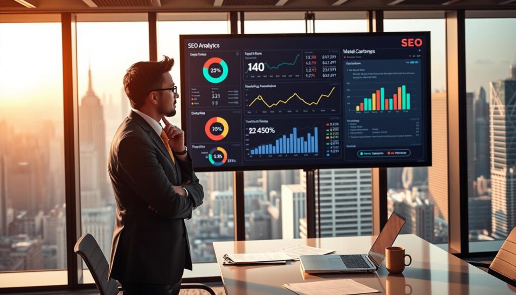 A sleek, modern office setting with a large monitor displaying various SEO-related metrics and analytics. In the foreground, a professional business person stands thoughtfully, hand on chin, contemplating the data. The middle ground features a desk with a laptop, coffee mug, and some strategic documents. The background has floor-to-ceiling windows overlooking a bustling city skyline, conveying a sense of urban productivity and growth. The lighting is warm and directional, creating depth and highlighting the key elements. The overall mood is one of focused contemplation, with the promise of tangible SEO benefits for the business.