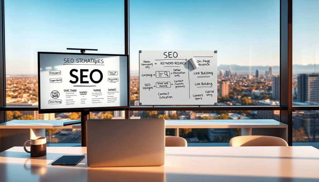 A sleek, modern office setting with a large monitor displaying various SEO techniques. In the foreground, a laptop and coffee mug sit on a clean, minimalist desk. The middle ground features a well-organized whiteboard showcasing SEO strategies like keyword research, on-page optimization, and link building. The background depicts a panoramic view of the Tempe, AZ skyline, bathed in warm, natural lighting. The overall atmosphere conveys a sense of professionalism, efficiency, and expertise in delivering comprehensive SEO solutions.
