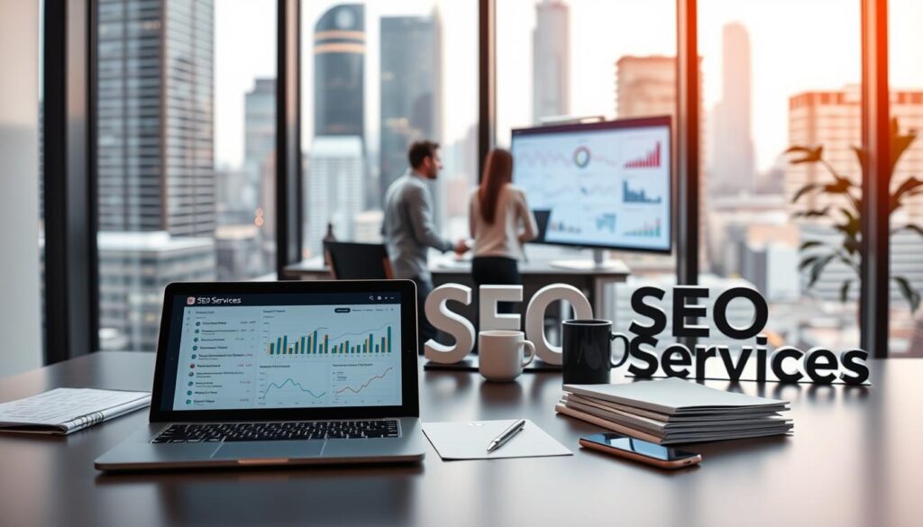 A sleek, modern office setting with a large window overlooking a bustling city skyline. In the foreground, a laptop and smartphone are displayed prominently, showcasing various SEO analytics and reporting tools. On the desk, a neatly organized array of documents, coffee mugs, and a stylized "SEO Services" sign. The middle ground features a team of professionals collaborating, discussing strategies and reviewing performance metrics on a large monitor. The background is softly blurred, creating a sense of depth and professionalism. The lighting is warm and inviting, with a touch of natural daylight filtering in through the window. The overall atmosphere conveys the expertise, efficiency, and value of comprehensive SEO services.