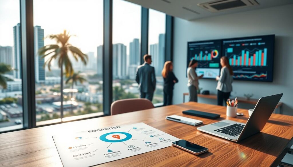 A sleek, modern office setting with a large window overlooking the vibrant cityscape of Miramar, Florida. In the foreground, a wooden desk with a laptop, smartphone, and neatly arranged office supplies. On the desk, a stylized infographic illustrates key elements of an SEO strategy, including search engine optimization, content marketing, and local SEO. The middle ground features a team of professionals collaborating, discussing data visualizations on a large wall-mounted screen. In the background, the bustling Miramar skyline is visible, with palm trees swaying in the gentle breeze. The lighting is a warm, natural glow, creating a productive and forward-thinking atmosphere.