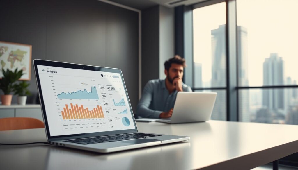 A sleek, modern office setting with a minimalist desk and workspace. In the foreground, a laptop displays analytics and SEO metrics, casting a soft glow. In the middle ground, a person sits thoughtfully, hand on chin, reviewing the data. The background features floor-to-ceiling windows overlooking a cityscape, bathed in warm, directional lighting that creates depth and atmosphere. The overall mood is one of focused analysis and strategic planning for improving the business's online presence.