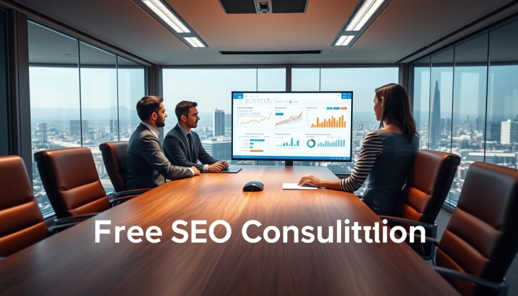 A sleek, modern office setting with a team of SEO experts engaged in a collaborative consultation process. The foreground features a stylish wooden conference table surrounded by leather chairs, creating an atmosphere of professionalism and expertise. In the middle ground, the team is intently discussing analytics data and strategy on a large, high-resolution display. Soft, warm lighting illuminates the scene, casting a productive and focused ambiance. The background showcases a panoramic view of the vibrant cityscape of Visalia, CA, conveying a sense of local expertise and connection to the community. The overall image reflects the comprehensive, tailored nature of the free SEO consultation service.