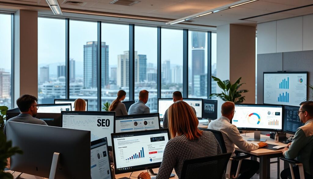 A sleek, modern office space in Glendale, CA, filled with the latest SEO tools and technologies. In the foreground, a team of digital marketing experts strategize and collaborate, their faces illuminated by the soft glow of computer screens. The middle ground showcases various SEO-focused visuals, such as infographics, analytics dashboards, and keyword research reports. In the background, the cityscape of Glendale can be seen through large, floor-to-ceiling windows, reflecting the vibrant, forward-thinking nature of the local business community. The lighting is a perfect balance of warm and cool tones, creating a professional and productive atmosphere. The angle is slightly elevated, giving the viewer a sense of the scale and scope of the SEO services offered.