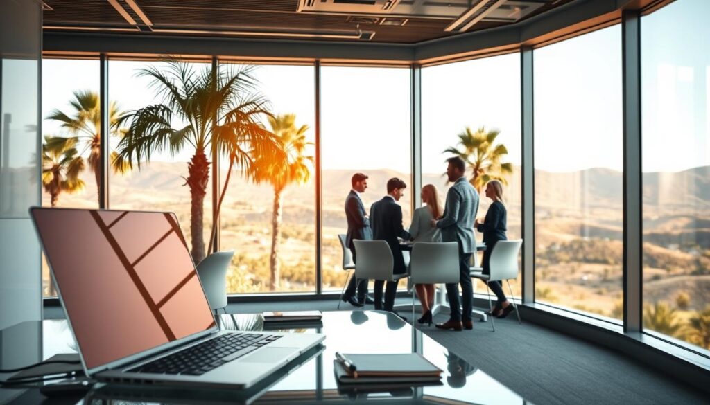 A sleek, modern office space in Orange County, California. In the foreground, a laptop and office supplies sit neatly on a glass desk, bathed in warm, natural lighting filtering through large windows. In the middle ground, a team of professionals in business attire collaborate around a conference table, discussing search engine optimization strategies. The background showcases the iconic palm trees and rolling hills of the Orange County landscape, creating a picturesque and professional atmosphere. The mood is focused, productive, and forward-thinking, reflecting the expertise of the SEO services on offer.
