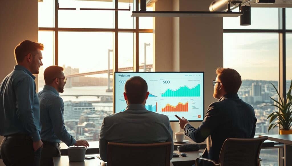 A sleek, modern office space in Tacoma, Washington, showcasing a professional SEO company. The foreground features a group of experts collaboratively brainstorming digital marketing strategies, their expressions focused and determined. In the middle ground, a large display screen presents SEO analytics and website performance data. The background depicts the cityscape of Tacoma, with the iconic Tacoma Narrows Bridge visible through floor-to-ceiling windows, bathed in warm, natural lighting. The atmosphere conveys a sense of productivity, innovation, and a commitment to helping local businesses thrive through effective search engine optimization.