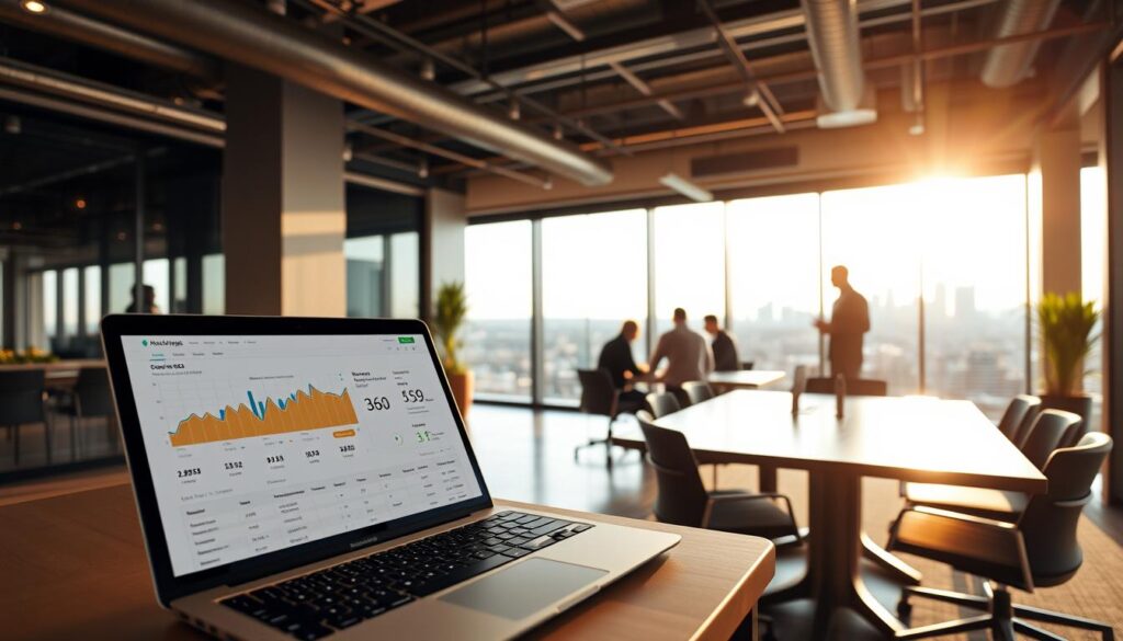 A sleek, modern office space in downtown Des Moines, IA, bathed in warm, natural lighting. In the foreground, a laptop displays a detailed SEO analytics dashboard, showcasing key performance metrics. In the middle ground, a team of SEO specialists collaborates around a large conference table, discussing strategy and brainstorming ideas. The background features a panoramic view of the city skyline, hinting at the expansive reach of the SEO services offered. The overall atmosphere conveys a sense of professionalism, expertise, and a commitment to delivering lasting results for local businesses.
