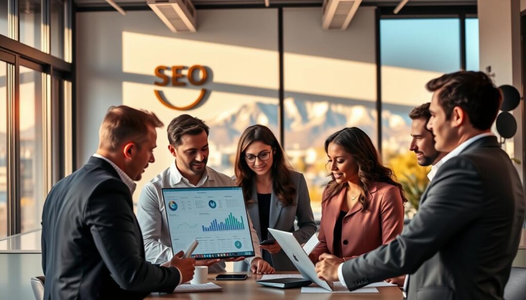 A sleek, modern office space in downtown Provo, Utah, bathed in warm, natural lighting. In the foreground, a group of professionals - SEO consultants - deeply engrossed in a collaborative strategy session, their expressions focused and determined. Subtle branding elements, such as a tasteful logo on the wall, complement the sophisticated, yet approachable atmosphere. The middle ground showcases the latest digital marketing tools and analytics dashboards, while the background reveals the iconic Wasatch Range, a stunning natural backdrop that symbolizes the thriving, vibrant Provo community. The scene conveys a sense of expertise, innovation, and a commitment to helping local businesses succeed through effective SEO implementation.