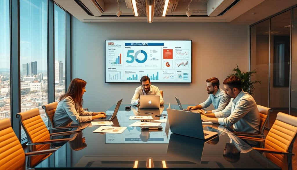 A sleek, modern office space showcasing SEO services in Modesto, CA. The foreground features a team of digital marketing experts collaborating at a glass-topped conference table, their laptops and notes spread out before them. Warm, directional lighting from overhead casts a professional glow, while the middle ground reveals a wall-mounted display outlining SEO strategies and metrics. In the background, the city skyline of Modesto is visible through large windows, conveying a sense of the local community. The atmosphere is one of focused productivity and innovative problem-solving, reflecting the comprehensive SEO services offered to businesses in the area.