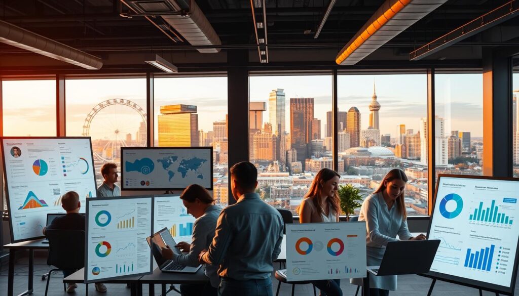 A sleek, modern office space showcasing the branding and services of a thriving SEO agency in Des Moines. In the foreground, a team of digital marketing experts collaborating over laptops and whiteboards, their focused expressions conveying their expertise. The middle ground features an array of infographics and analytics dashboards, highlighting the agency's data-driven approach. In the background, floor-to-ceiling windows offer a panoramic view of the vibrant city skyline, bathed in warm, golden lighting that lends an aspirational, success-driven atmosphere to the scene. The overall impression is one of a dynamic, results-oriented agency dedicated to elevating its clients' online visibility and driving revenue growth.