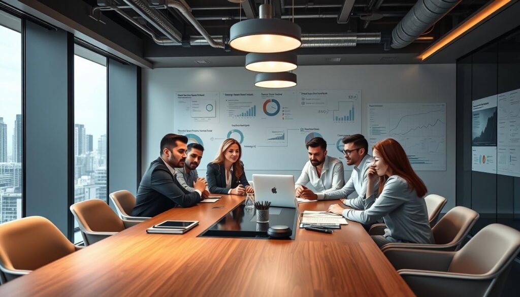 A sleek, modern office space showcasing the expertise of an SEO company. In the foreground, a team of professionals collaborating around a large, stylish conference table, their expressions focused and determined. Subtle lighting from overhead fixtures casts a warm, productive glow. In the middle ground, the walls are adorned with data visualizations, keyword research, and search engine optimization strategies, reflecting the analytical nature of their work. The background features floor-to-ceiling windows, offering a panoramic view of a bustling city skyline, symbolizing the company's ability to elevate their clients' online presence on a broader scale. The overall atmosphere exudes professionalism, innovation, and a dedication to driving digital success.
