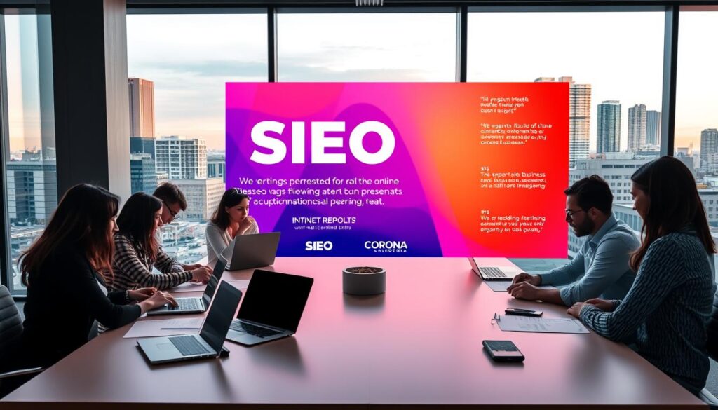 A sleek, modern office space with floor-to-ceiling windows overlooking the bustling streets of Corona, California. In the foreground, a team of passionate SEO experts huddle around a large conference table, laptops and whiteboards in hand, deeply engaged in strategizing ways to elevate the online presence of local businesses. The middle ground features a vibrant, dynamic display showcasing the agency's impressive track record and client testimonials, bathed in warm, focused lighting that creates a sense of professionalism and expertise. In the background, the city skyline stands tall, a testament to the agency's ability to deliver impactful results that drive growth and success for their clients.