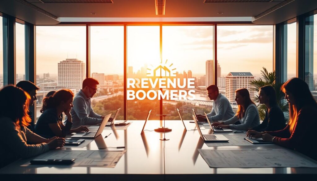 A sleek, modern office space with large windows overlooking the cityscape of Augusta, Georgia. In the foreground, a team of SEO experts deeply engaged in their work, laptops open and whiteboards filled with strategic insights. The mid-ground showcases the Revenue Boomers logo prominently displayed, exuding a sense of professionalism and expertise. The background features the iconic landmarks of Augusta, including the Augusta National Golf Club and the Savannah River, bathed in warm, golden lighting that creates a welcoming, productive atmosphere. The overall impression conveys the agency's commitment to delivering exceptional SEO services that drive tangible results for their clients in the Augusta, GA area.