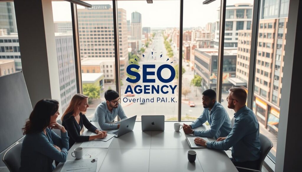 A sleek, modern office space with large windows overlooking the vibrant cityscape of Overland Park, Kansas. In the foreground, a team of SEO experts deeply engaged in a collaborative strategy session, surrounded by whiteboards, laptops, and coffee mugs. The middle ground features a stylized "SEO Agency Overland Park" logo prominently displayed on the wall, conveying a sense of professionalism and expertise. The background showcases the bustling streets of Overland Park, hinting at the thriving local business community the agency serves. The lighting is warm and inviting, creating a productive and welcoming atmosphere. The camera angle is slightly elevated, giving the viewer a bird's-eye perspective on the scene.