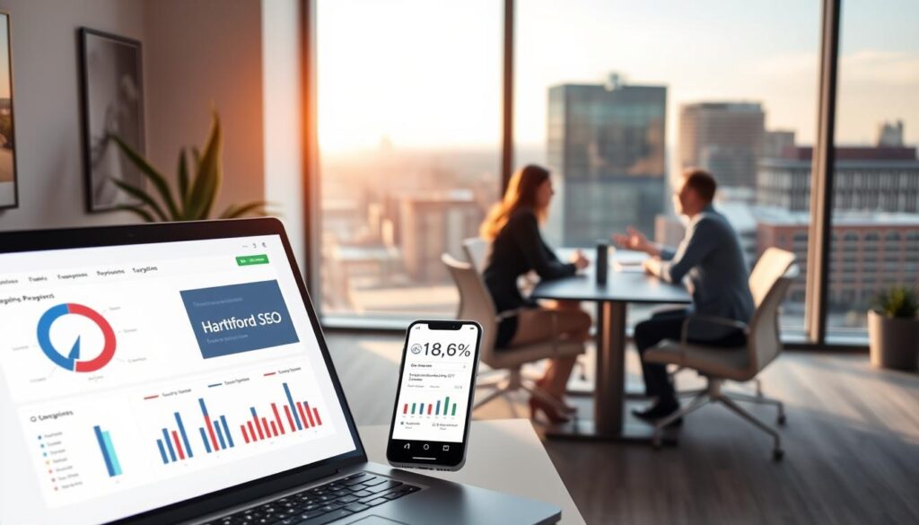 A sleek, modern office space with minimalist decor and warm, natural lighting. In the foreground, a laptop and mobile device showcase a search engine optimization (SEO) dashboard, highlighting key performance metrics. In the middle ground, a team of professionals collaborate at a stylish conference table, discussing optimization strategies for a local Hartford, CT business. The background features cityscape views of Hartford's skyline, conveying a sense of urban vibrancy and opportunity. The overall scene exudes a professional, cost-effective and results-driven approach to providing affordable SEO services in the Hartford, CT area.