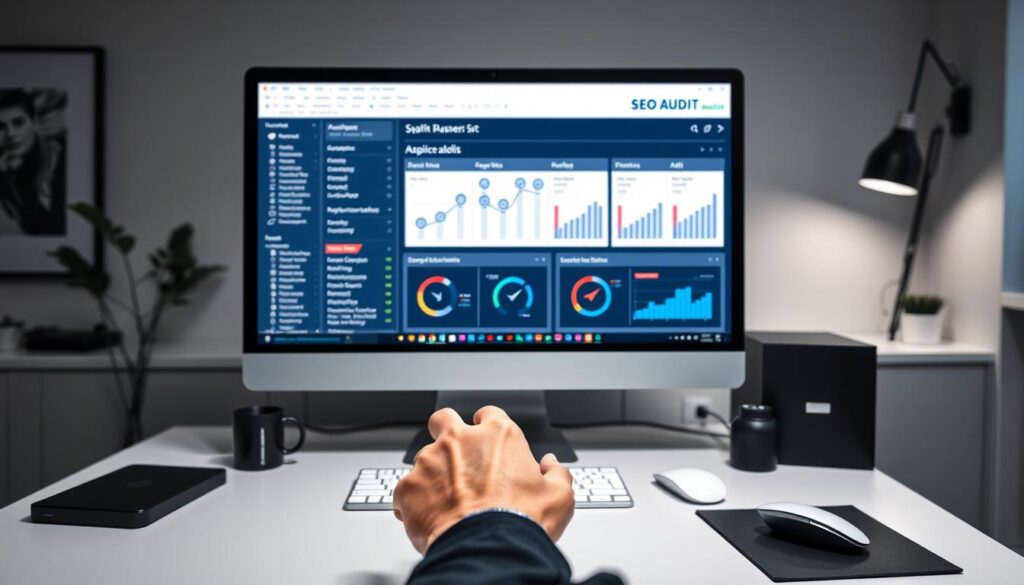 A sleek, modern office workspace with a large desktop computer and stylish accessories. On the screen, a detailed SEO audit process is displayed, with various data visualizations, analytics dashboards, and optimization recommendations. In the foreground, a professional hand hovers over the mouse, ready to navigate the comprehensive audit. Soft, indirect lighting creates a productive and focused atmosphere, while the background features minimalist decor and clean lines, emphasizing the organizational and analytical nature of the SEO audit task.