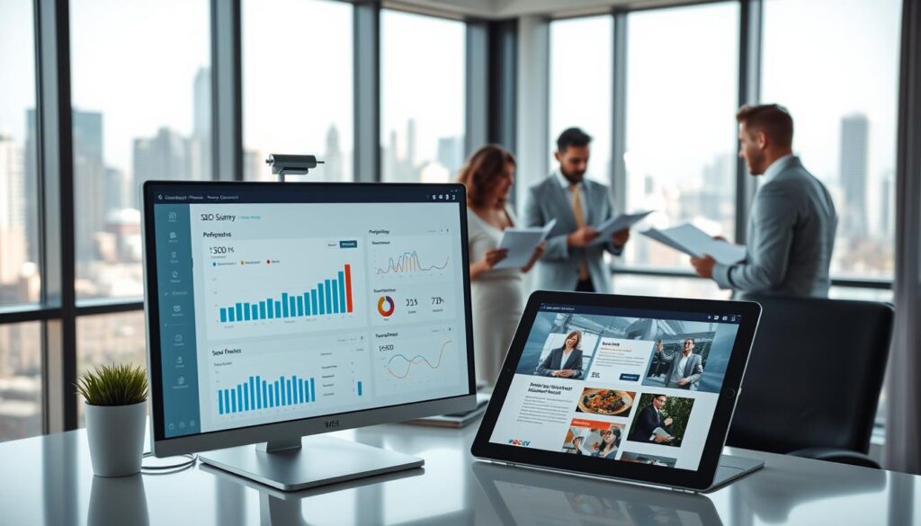 A sleek, modern office workspace with a large window overlooking a bustling city skyline. In the foreground, a desktop computer displaying a search engine optimization (SEO) dashboard, showcasing key performance metrics and analytics. On the desk, a tablet displaying an SEO-focused website, its design and layout optimized for user experience. In the middle ground, a team of professionals collaborating on SEO strategies, referencing reports and brainstorming ideas. The lighting is soft and natural, creating a professional and productive atmosphere. The overall scene conveys the power and benefits of SEO services, helping businesses thrive in a competitive digital landscape.